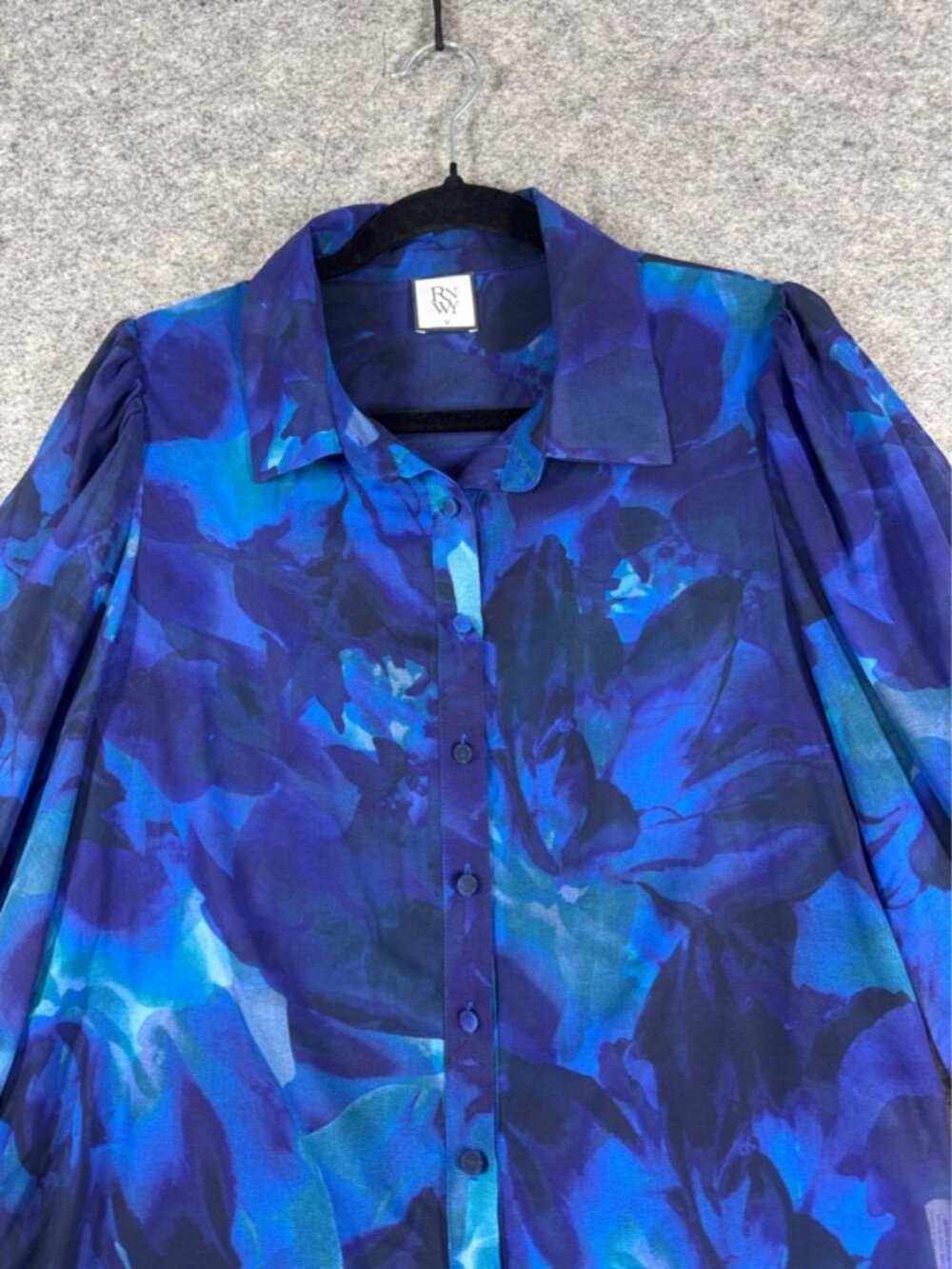 RNWY RUNAWAY Sheer Blue Abstract Print Button Up Floral Blouse Size M Career - Picture 3 of 15